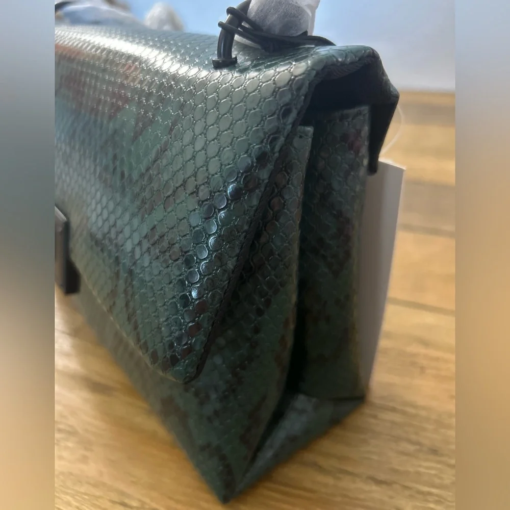 NICOLE MILLER Green Snakeskin Embossed Foldover Clutch with  Black Chain Strap